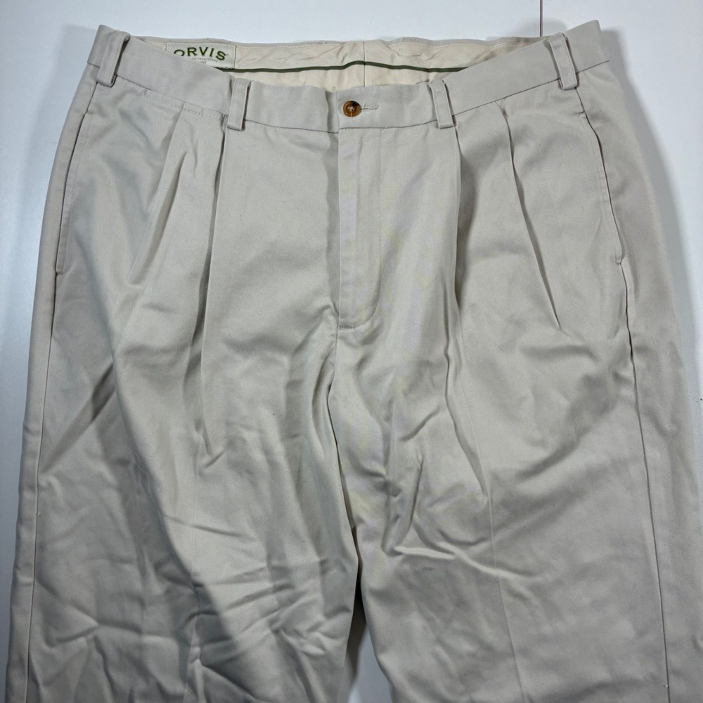 Vintage Orvis Chino Pants Mens 38x31 Khaki Double Pleated Cotton Twill Trousers